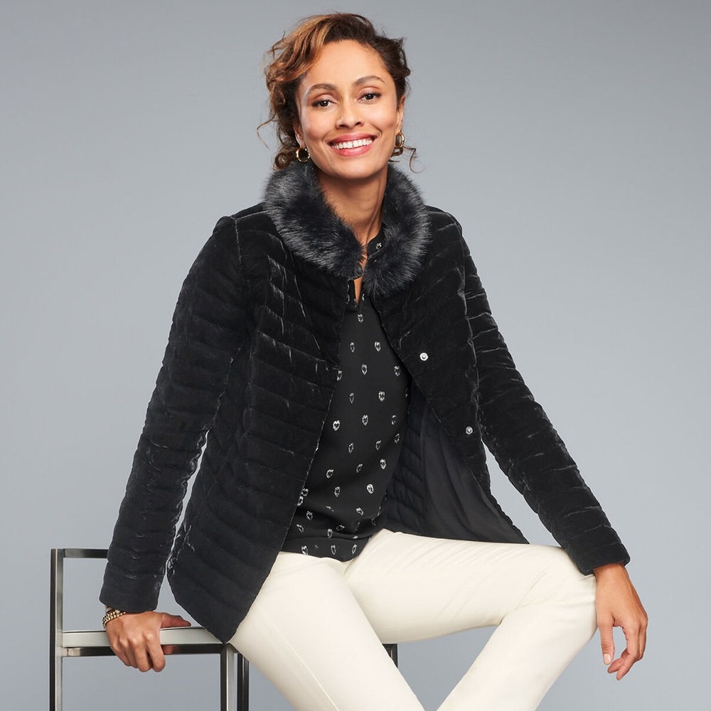 NWT Talbots Sz 14P (12P 10P) Quilted Down-Puffer Jacket Black Velvet-Gorgeous